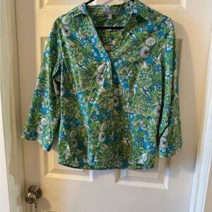 Foxcroft Green and Blue Floral Blouse